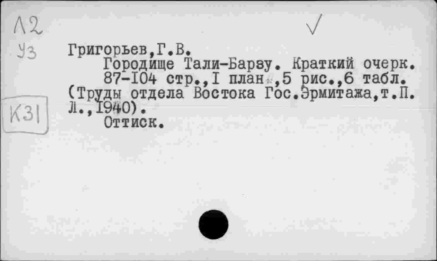 ﻿Григорьев,Г.В.
Городище Тали-Барзу. Краткий очерк 87-104 стр.,1 план ,5 рис.,6 табл. (Труды отдела Востока Гос.Эрмитажа,т.п Л.,1940).
Оттиск.